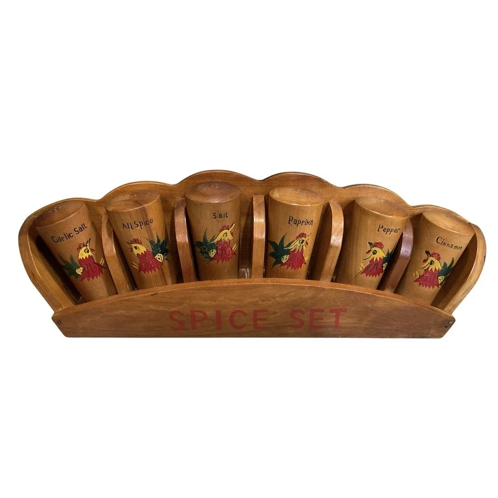 Vintage Wooden Spice Rack Rooster 6 Spice Containers Decor